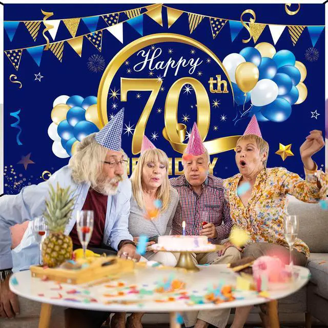Alt view image 5 of 6 - Happy 70th Birthday Banner Decorations for Men, Blue Gold 70 Birthday Backdrop Party Supplies, 70 Year Old Birthday Photo Background Sign