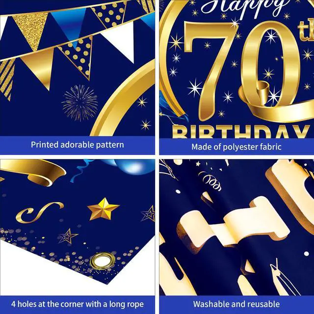 Alt view image 6 of 6 - Happy 70th Birthday Banner Decorations for Men, Blue Gold 70 Birthday Backdrop Party Supplies, 70 Year Old Birthday Photo Background Sign