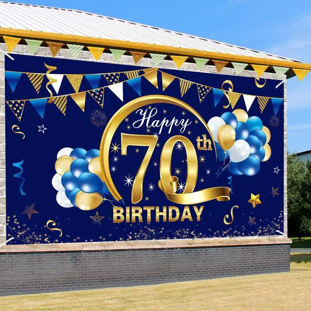 Alt view image 3 of 6 - Happy 70th Birthday Banner Decorations for Men, Blue Gold 70 Birthday Backdrop Party Supplies, 70 Year Old Birthday Photo Background Sign