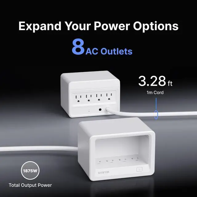 Alt view image 2 of 7 - 8-in-1 Power Strip with Multiple Outlets,1020J Desktop Charging Station with 8 AC for Home Office, 3.28ft Heavy Duty Extension Cord with Flat Plug, White