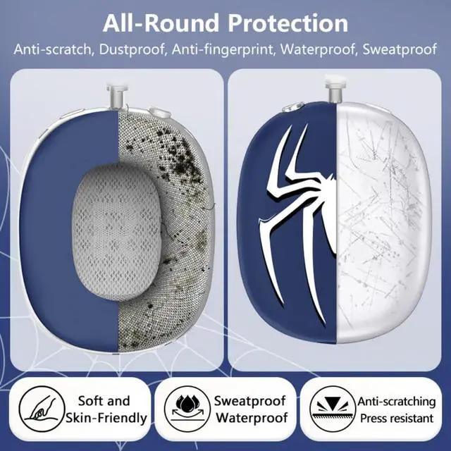 Alt view image 3 of 7 - Fomissky 4 in 1 AirPods Max Case with Ear Covers, Includes Headband Cover & Soft Silicone Earpads Covers Compatible with Apple AirPods Max (Silver Grey Spider Design)