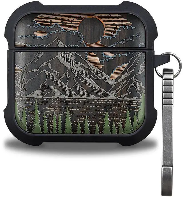 Main image of Black Solid Wood for AirPods 4 Case (2024) (USB-C), Mountain Dawn | AirPods 4th Generation Case with Quick Released Keychain, Soft Shockproof TPU Cover, Art Painting Hand-Drawn Style