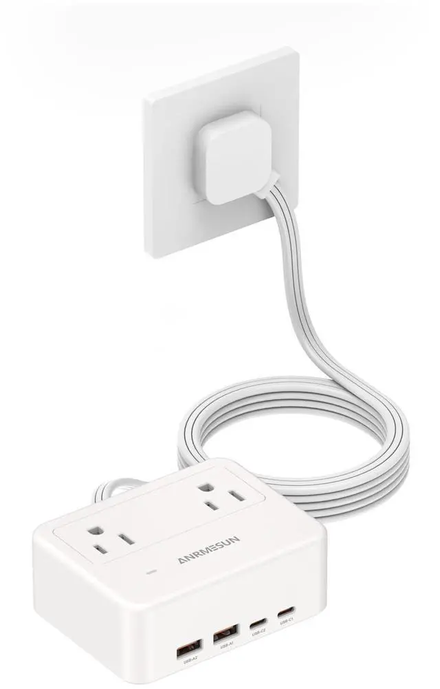 Main image of Cruise Essentials Flat Plug Power Strip with 4 AC 4 USB (PD 20W) Port White | 750°C Fire Resistant Shell, Double Pole On Off Switch, Non Surge Protector for Travel Dorm Home Office