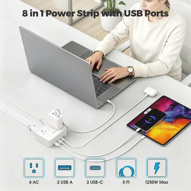 Alt view image 2 of 7 - Cruise Essentials Flat Plug Power Strip with 4 AC 4 USB (PD 20W) Port White | 750°C Fire Resistant Shell, Double Pole On Off Switch, Non Surge Protector for Travel Dorm Home Office