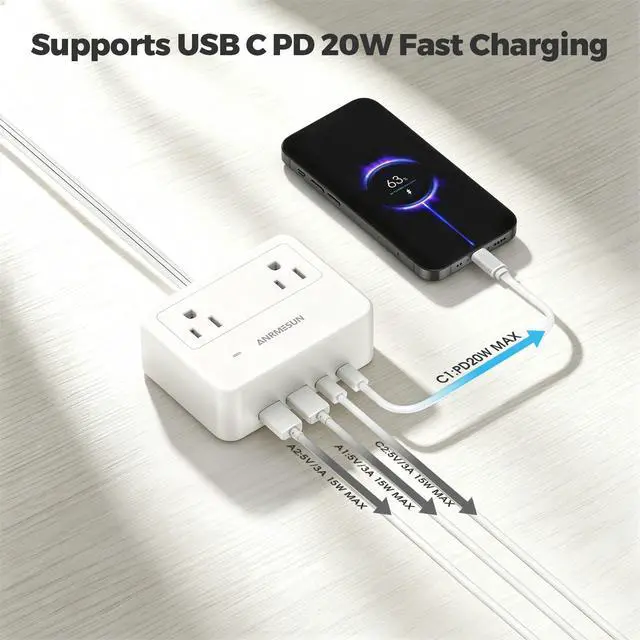 Alt view image 3 of 7 - Cruise Essentials Flat Plug Power Strip with 4 AC 4 USB (PD 20W) Port White | 750°C Fire Resistant Shell, Double Pole On Off Switch, Non Surge Protector for Travel Dorm Home Office