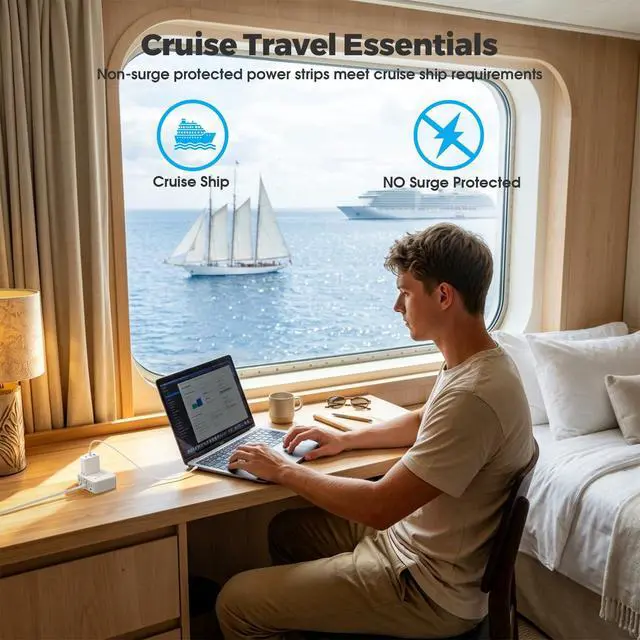 Alt view image 6 of 7 - Cruise Essentials Flat Plug Power Strip with 4 AC 4 USB (PD 20W) Port White | 750°C Fire Resistant Shell, Double Pole On Off Switch, Non Surge Protector for Travel Dorm Home Office