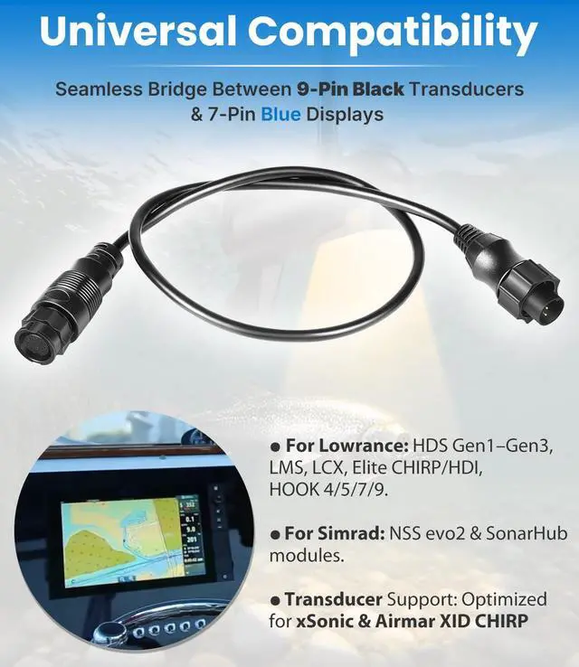 Alt view image 3 of 7 - 000-13977-001 Transducer Adapter Cable 9-Pin Black to 7-Pin Blue Compatible with Lowrance HDS Gen2 Touch, Gen3, Elite HDI & Simrad NSS evo2, for xSonic & Airmar XID Chirp Transducers