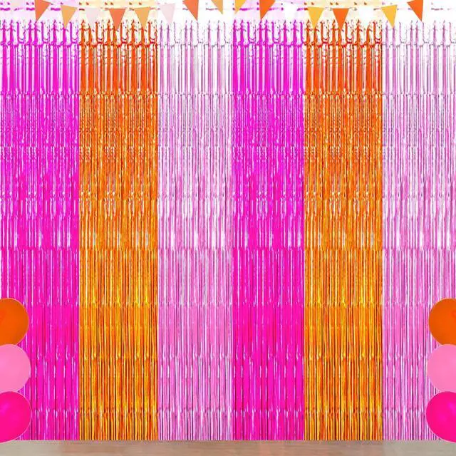 Main image of Pink Orange Party Decorations Foil Fringe Backdrop Curtain, 3 Pack | Rose Red Orange Pink Thanksgiving Tinsel Streamer, Fall Autumn Bachelorette Party Decorations