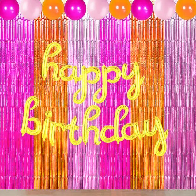 Alt view image 2 of 7 - Pink Orange Party Decorations Foil Fringe Backdrop Curtain, 3 Pack | Rose Red Orange Pink Thanksgiving Tinsel Streamer, Fall Autumn Bachelorette Party Decorations