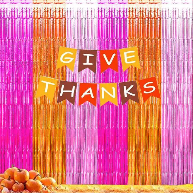 Alt view image 3 of 7 - Pink Orange Party Decorations Foil Fringe Backdrop Curtain, 3 Pack | Rose Red Orange Pink Thanksgiving Tinsel Streamer, Fall Autumn Bachelorette Party Decorations