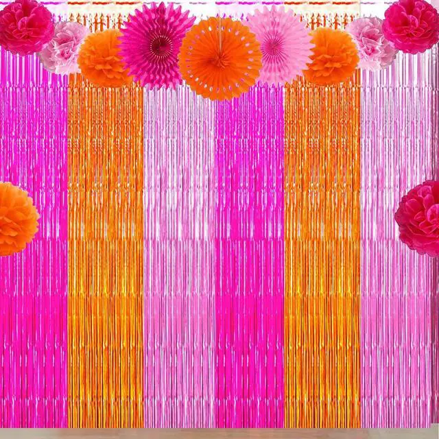 Alt view image 4 of 7 - Pink Orange Party Decorations Foil Fringe Backdrop Curtain, 3 Pack | Rose Red Orange Pink Thanksgiving Tinsel Streamer, Fall Autumn Bachelorette Party Decorations