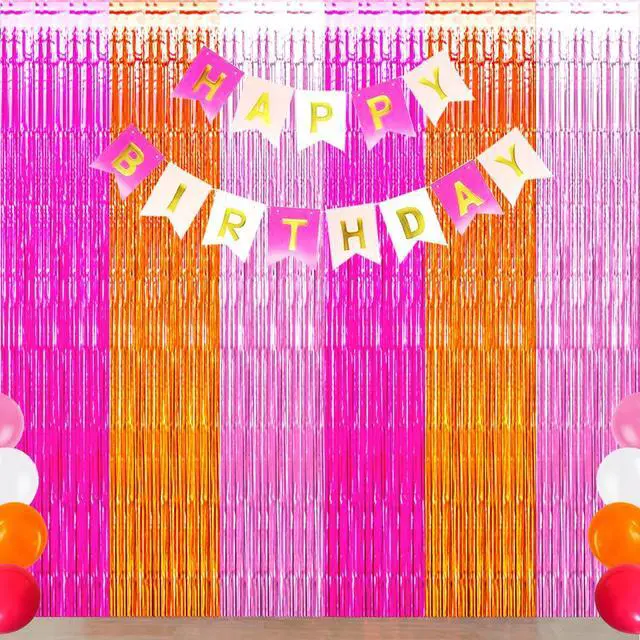 Alt view image 5 of 7 - Pink Orange Party Decorations Foil Fringe Backdrop Curtain, 3 Pack | Rose Red Orange Pink Thanksgiving Tinsel Streamer, Fall Autumn Bachelorette Party Decorations