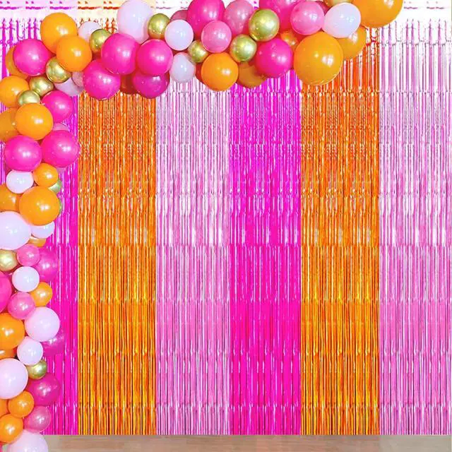 Alt view image 6 of 7 - Pink Orange Party Decorations Foil Fringe Backdrop Curtain, 3 Pack | Rose Red Orange Pink Thanksgiving Tinsel Streamer, Fall Autumn Bachelorette Party Decorations