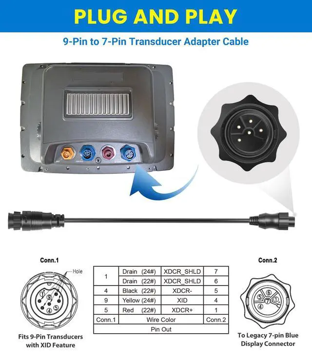 Alt view image 5 of 7 - 000-13977-001 Transducer Adapter Cable 9-Pin Black to 7-Pin Blue Compatible with Lowrance HDS Gen2 Touch, Gen3, Elite HDI & Simrad NSS evo2, for xSonic & Airmar XID Chirp Transducers