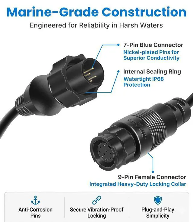Alt view image 4 of 7 - 000-13977-001 Transducer Adapter Cable 9-Pin Black to 7-Pin Blue Compatible with Lowrance HDS Gen2 Touch, Gen3, Elite HDI & Simrad NSS evo2, for xSonic & Airmar XID Chirp Transducers