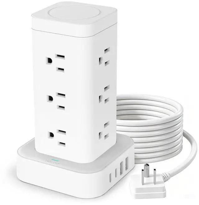 Main image of Power Strip Tower with Multiple Outlets, Flat Plug Surge Protector 1800J Tower Extension Cord with 12 AC Outlets 4 USB Ports, 16-in-1 10FT Power Strip Tower, for Home Office Dorm Room,White