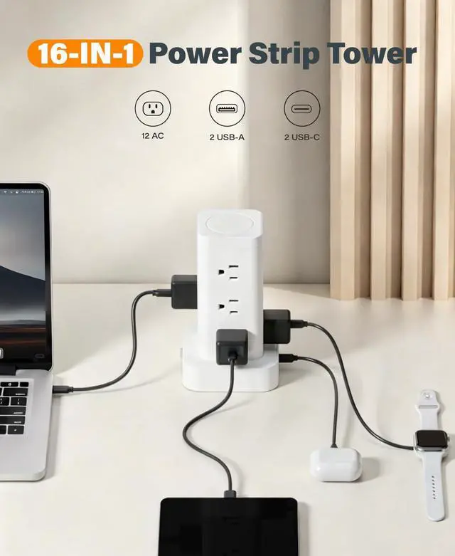 Alt view image 2 of 7 - Power Strip Tower with Multiple Outlets, Flat Plug Surge Protector 1800J Tower Extension Cord with 12 AC Outlets 4 USB Ports, 16-in-1 10FT Power Strip Tower, for Home Office Dorm Room,White