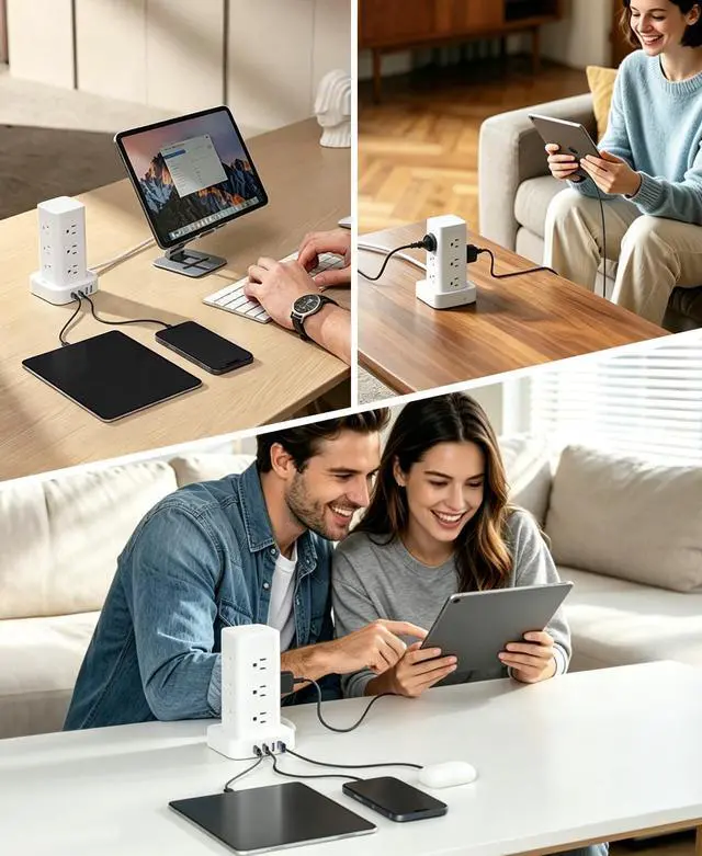 Alt view image 4 of 7 - Power Strip Tower with Multiple Outlets, Flat Plug Surge Protector 1800J Tower Extension Cord with 12 AC Outlets 4 USB Ports, 16-in-1 10FT Power Strip Tower, for Home Office Dorm Room,White