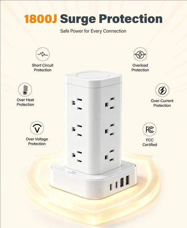 Alt view image 5 of 7 - Power Strip Tower with Multiple Outlets, Flat Plug Surge Protector 1800J Tower Extension Cord with 12 AC Outlets 4 USB Ports, 16-in-1 10FT Power Strip Tower, for Home Office Dorm Room,White
