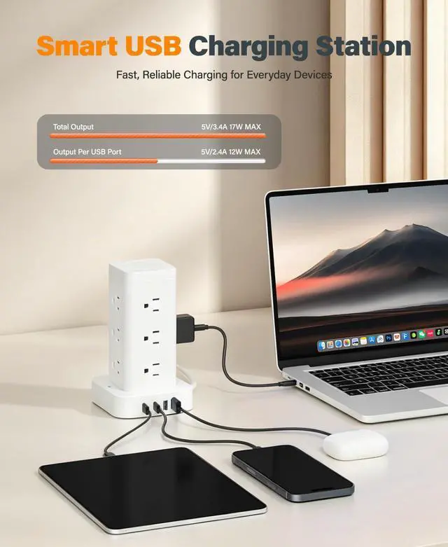 Alt view image 6 of 7 - Power Strip Tower with Multiple Outlets, Flat Plug Surge Protector 1800J Tower Extension Cord with 12 AC Outlets 4 USB Ports, 16-in-1 10FT Power Strip Tower, for Home Office Dorm Room,White