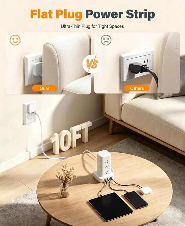 Alt view image 7 of 7 - Power Strip Tower with Multiple Outlets, Flat Plug Surge Protector 1800J Tower Extension Cord with 12 AC Outlets 4 USB Ports, 16-in-1 10FT Power Strip Tower, for Home Office Dorm Room,White