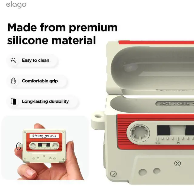 Alt view image 4 of 7 - Cassette Tape Case for AirPods Pro 3 | Carabiner Included, Supports Wireless Charging, Shock Resistant, Full Protection, Headphone Accessories (Classic White)