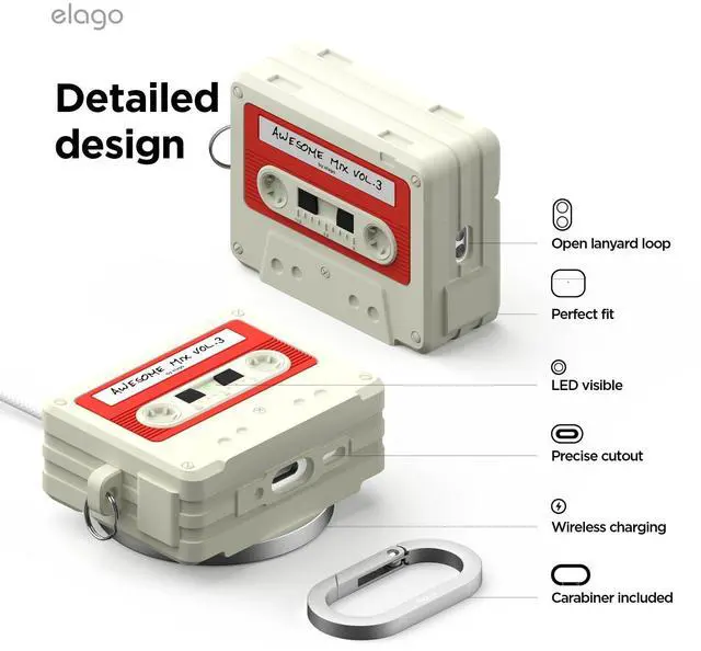 Alt view image 5 of 7 - Cassette Tape Case for AirPods Pro 3 | Carabiner Included, Supports Wireless Charging, Shock Resistant, Full Protection, Headphone Accessories (Classic White)