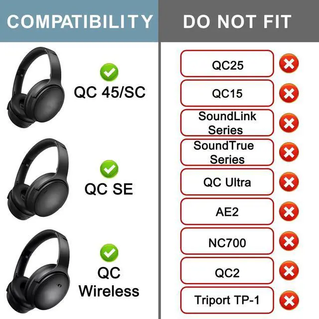 Alt view image 2 of 7 - Replacement Earpads for Bose QuietComfort 45 (QC45)/QuietComfort SE (QC SE)/Quiet Comfort Wireless Over-Ear Headphones, Ear Pads Cushions with Gentler Protein Leather - Black