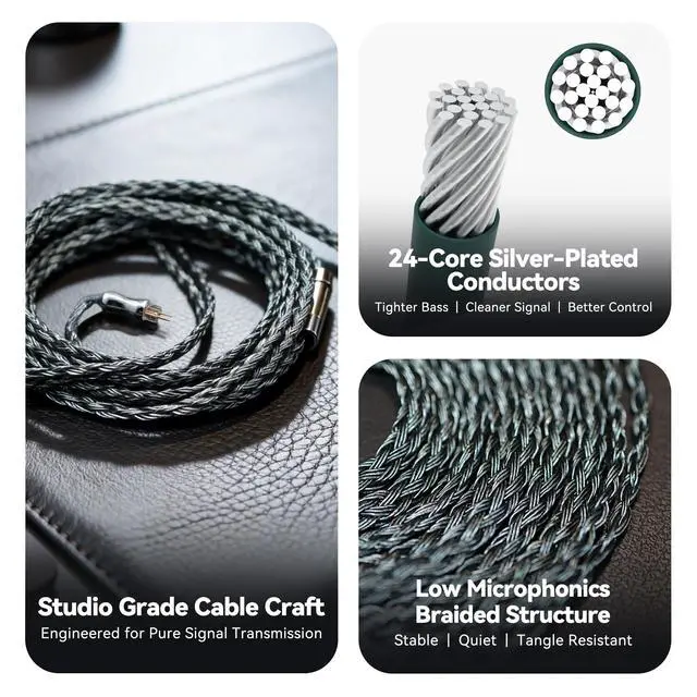 Alt view image 6 of 7 - Tipsy Melody 3 IEM Upgrade Cable, 6.5ft (2m) Long, Enhanced Mids & Bass, 24-Core Silver-Plated, Deep Green (0.78mm-2 Pin)