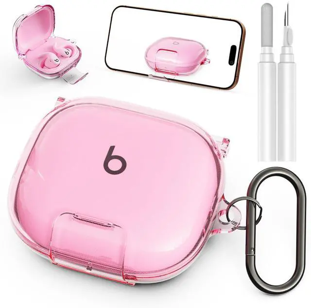 Main image of Case for Beats Powerbeats Fit 2025, Clear TPU Protective Cover | Premium Metal Carabiner & Cleaning Kit, Shockproof Skin for Powerbeats Fit Case Cover (Clear Pink)