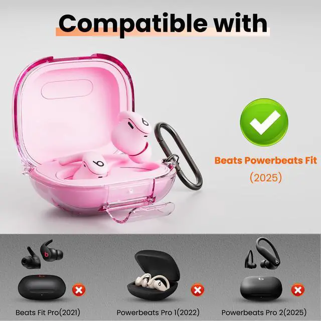Alt view image 2 of 7 - Case for Beats Powerbeats Fit 2025, Clear TPU Protective Cover | Premium Metal Carabiner & Cleaning Kit, Shockproof Skin for Powerbeats Fit Case Cover (Clear Pink)