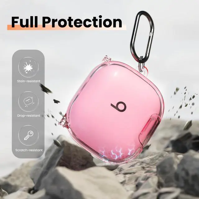 Alt view image 3 of 7 - Case for Beats Powerbeats Fit 2025, Clear TPU Protective Cover | Premium Metal Carabiner & Cleaning Kit, Shockproof Skin for Powerbeats Fit Case Cover (Clear Pink)