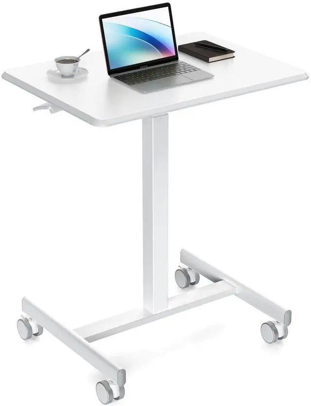 Main image of Small Mobile Standing Desk, Rolling Laptop Computer Carts, Portable Laptop Desk with Wheels, Adjustable Height Table for Home Office, White