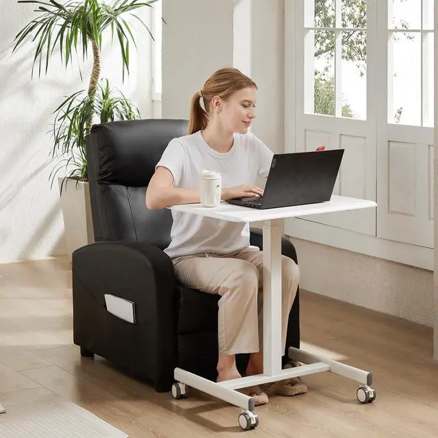 Alt view image 2 of 7 - Small Mobile Standing Desk, Rolling Laptop Computer Carts, Portable Laptop Desk with Wheels, Adjustable Height Table for Home Office, White