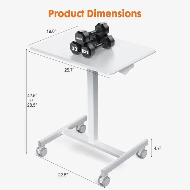 Alt view image 3 of 7 - Small Mobile Standing Desk, Rolling Laptop Computer Carts, Portable Laptop Desk with Wheels, Adjustable Height Table for Home Office, White
