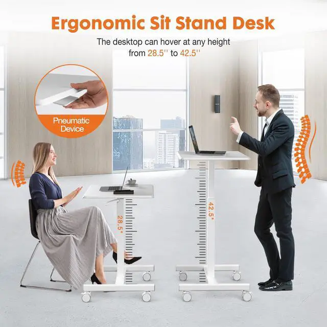 Alt view image 4 of 7 - Small Mobile Standing Desk, Rolling Laptop Computer Carts, Portable Laptop Desk with Wheels, Adjustable Height Table for Home Office, White