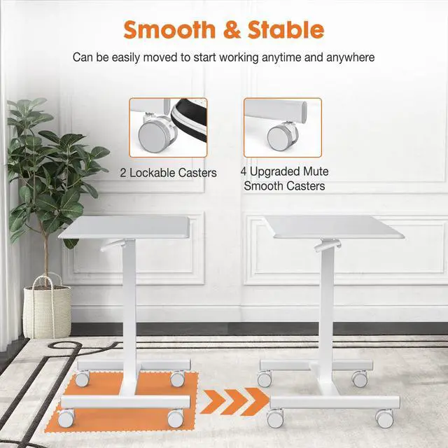 Alt view image 5 of 7 - Small Mobile Standing Desk, Rolling Laptop Computer Carts, Portable Laptop Desk with Wheels, Adjustable Height Table for Home Office, White