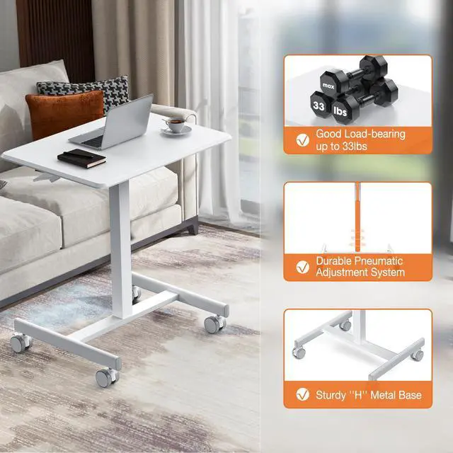 Alt view image 6 of 7 - Small Mobile Standing Desk, Rolling Laptop Computer Carts, Portable Laptop Desk with Wheels, Adjustable Height Table for Home Office, White