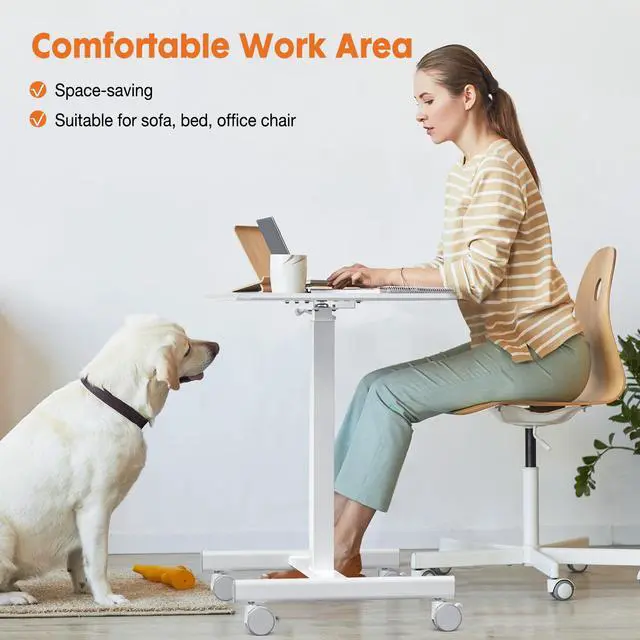 Alt view image 7 of 7 - Small Mobile Standing Desk, Rolling Laptop Computer Carts, Portable Laptop Desk with Wheels, Adjustable Height Table for Home Office, White