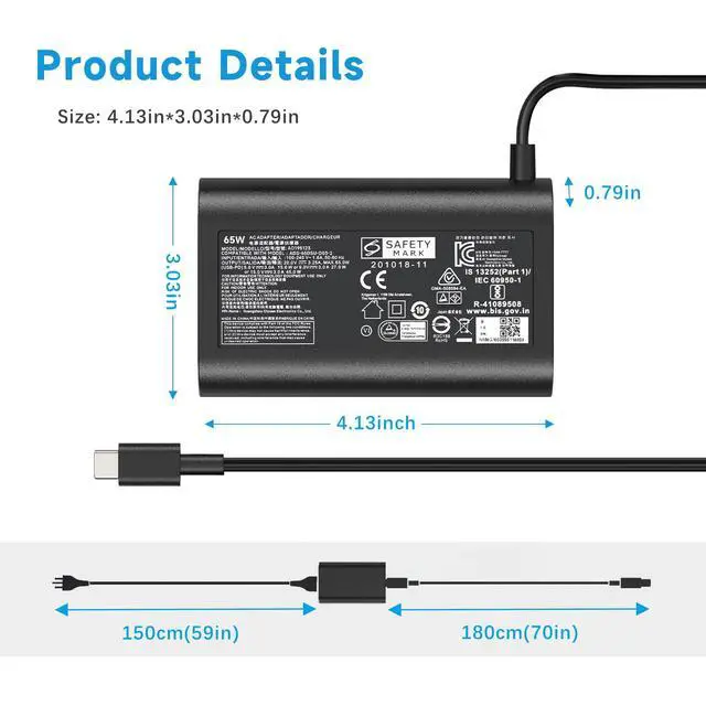 Alt view image 3 of 7 - 65W USB C Laptop Charger Compatible with LG Gram 14 15 16 17 Series, 17Z90N 16Z90P 15Z90N 14Z90P Superslim 15Z90RT 20V 3.25A Type C Power Adapter Replacement Laptop Power Cord Supply