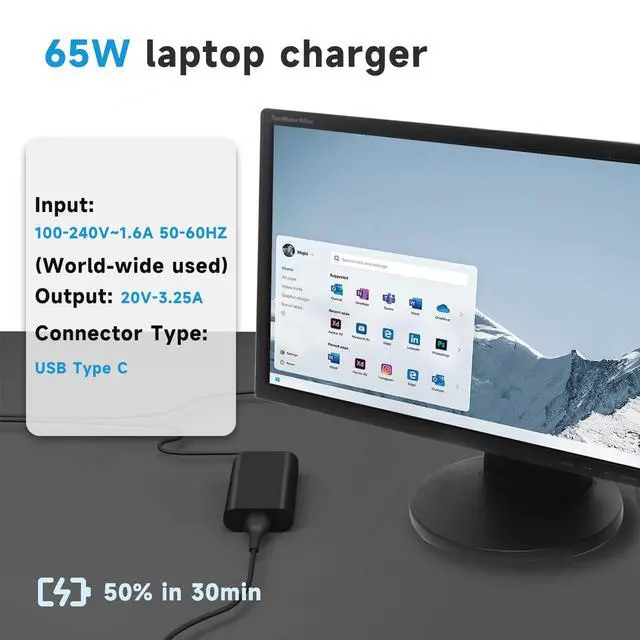 Alt view image 7 of 7 - 65W USB C Laptop Charger Compatible with LG Gram 14 15 16 17 Series, 17Z90N 16Z90P 15Z90N 14Z90P Superslim 15Z90RT 20V 3.25A Type C Power Adapter Replacement Laptop Power Cord Supply