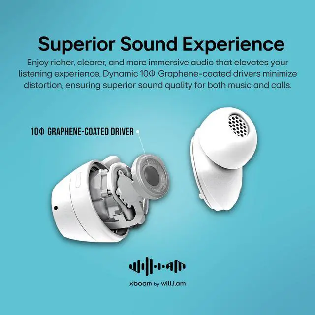Alt view image 3 of 7 - xboom Buds by will.i.am, xboom Signature Sound by will.i.am with Graphene Drivers, 3 Mic Active Noise Cancellation, Up to 30 Hours of Battery, IPX4 Water Resistant, White