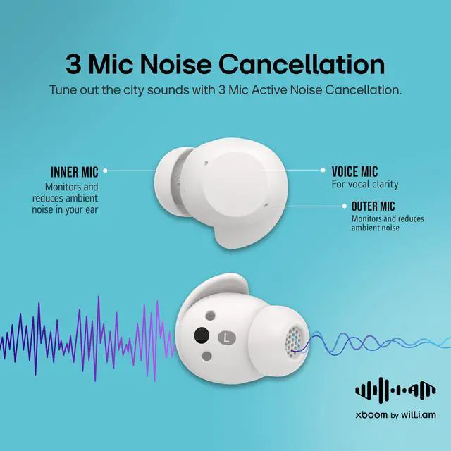 Alt view image 4 of 7 - xboom Buds by will.i.am, xboom Signature Sound by will.i.am with Graphene Drivers, 3 Mic Active Noise Cancellation, Up to 30 Hours of Battery, IPX4 Water Resistant, White