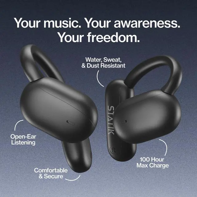 Alt view image 2 of 7 - Aktive Open Ear Bluetooth Earbuds - Wireless Earphones, Fast Charging & 10 Hours Long Lasting Battery, Comfortable Secure Fit, IPX5 Water Resistant - Black