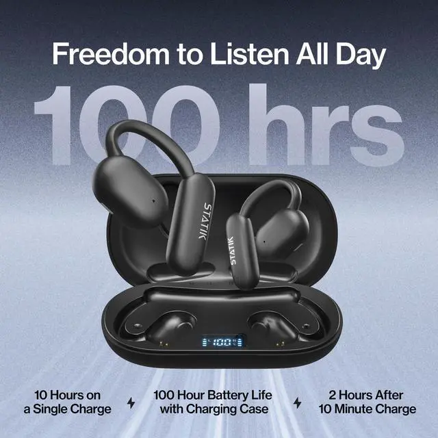Alt view image 4 of 7 - Aktive Open Ear Bluetooth Earbuds - Wireless Earphones, Fast Charging & 10 Hours Long Lasting Battery, Comfortable Secure Fit, IPX5 Water Resistant - Black