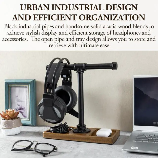 Alt view image 2 of 7 - Premium Acacia Solid Wood and Industrial Black Metal Pipe T-Bar Over Ear Headphones Holder, Tabletop Dual Headphone Display Stand with Accessories Tray