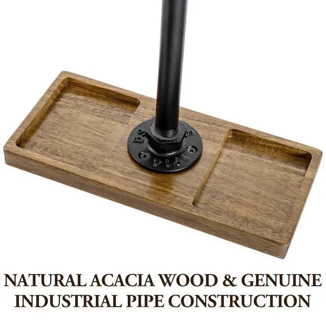 Alt view image 4 of 7 - Premium Acacia Solid Wood and Industrial Black Metal Pipe T-Bar Over Ear Headphones Holder, Tabletop Dual Headphone Display Stand with Accessories Tray