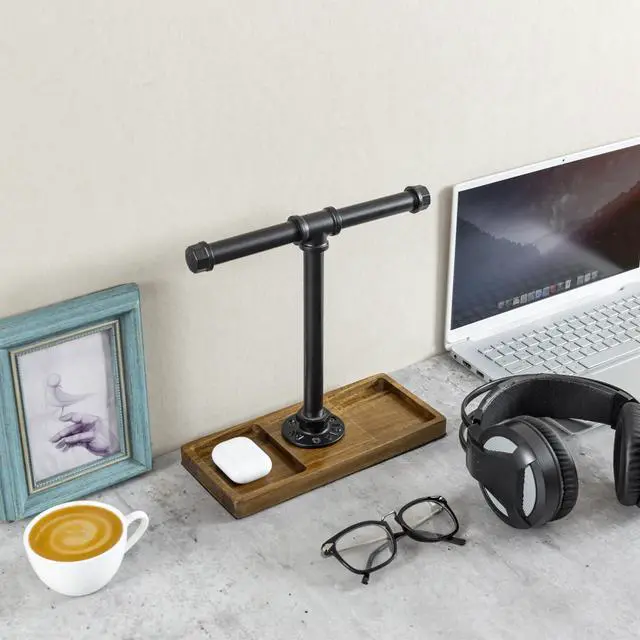 Alt view image 3 of 7 - Premium Acacia Solid Wood and Industrial Black Metal Pipe T-Bar Over Ear Headphones Holder, Tabletop Dual Headphone Display Stand with Accessories Tray