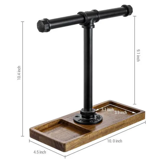 Alt view image 5 of 7 - Premium Acacia Solid Wood and Industrial Black Metal Pipe T-Bar Over Ear Headphones Holder, Tabletop Dual Headphone Display Stand with Accessories Tray