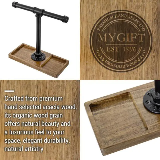 Alt view image 6 of 7 - Premium Acacia Solid Wood and Industrial Black Metal Pipe T-Bar Over Ear Headphones Holder, Tabletop Dual Headphone Display Stand with Accessories Tray